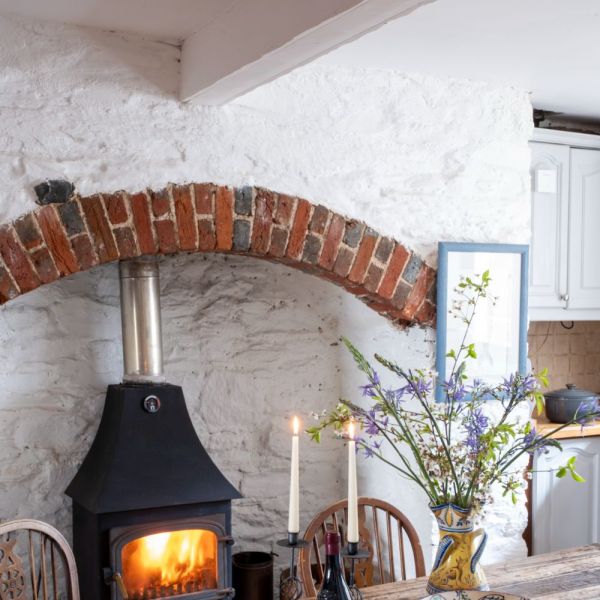 The wood burning stove in the kitchen/dining area